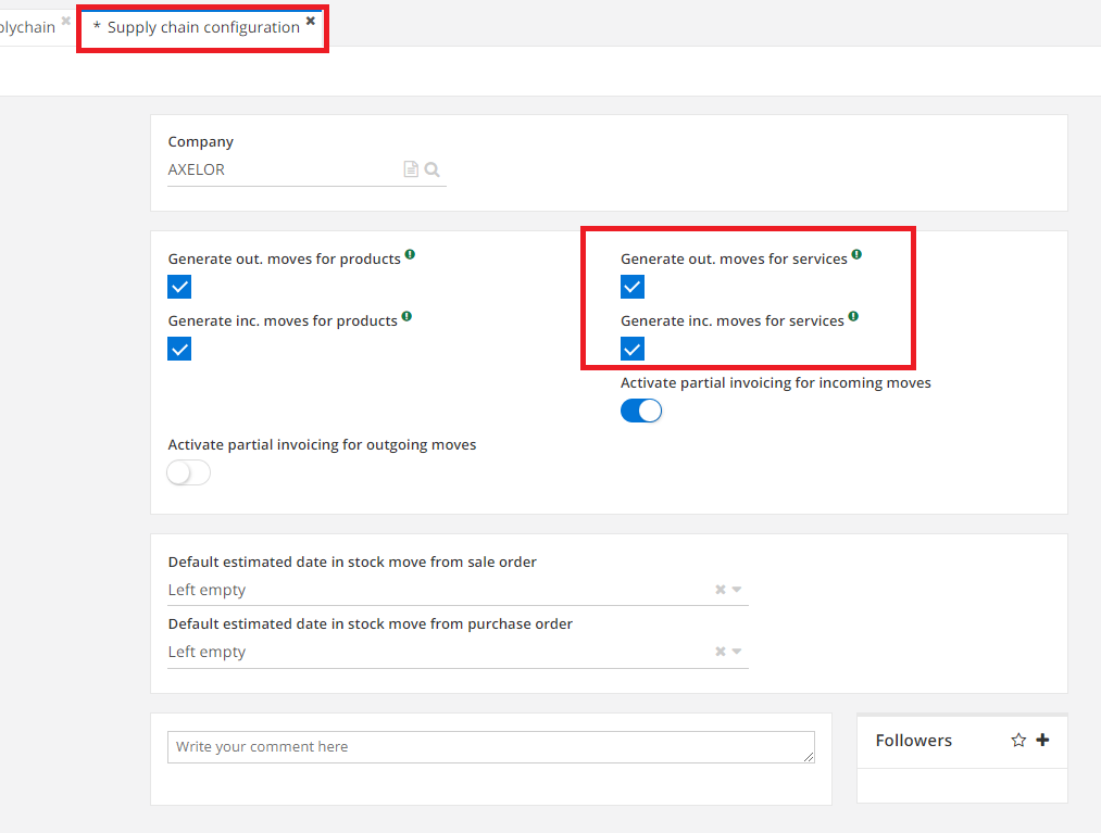 1.2. On the Supply Chain Configuration page, activate the “Generate
Out. for services” and “Generate Inc. for services” checkboxes. Save
your changes.